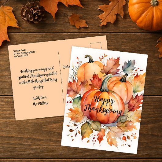 Carte Postale Watercolor Automne Citrouille récolte Thanksgiving
