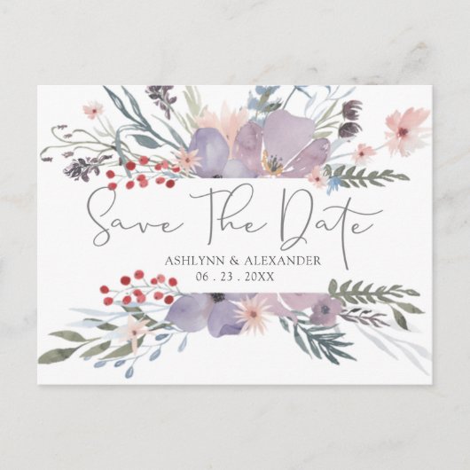 Carte Postale Watercolor Boho Fleurs sauvages ENREGISTRER LA DAT (Devant)