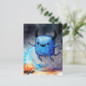 Carte Postale Watercolor Cute Blue Monster and a Campfire (Debout devant)