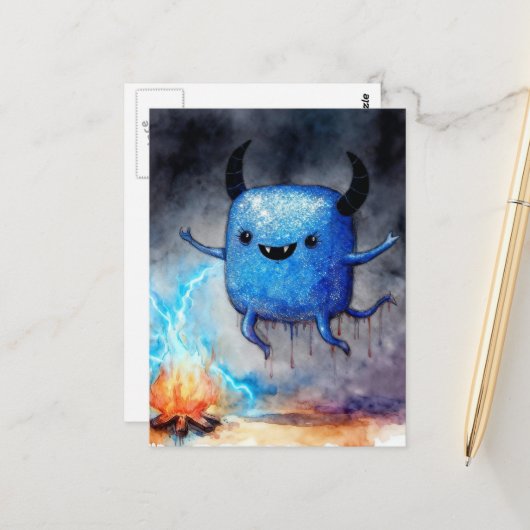 Carte Postale Watercolor Cute Blue Monster and a Campfire (Devant/Arrière en situation)