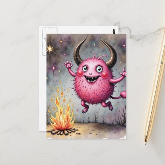 Carte Postale Watercolor Cute Pink Monster and a Campfire (Devant/Arrière en situation)