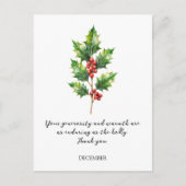 CARTE POSTALE WATERCOLOR DECEMBER HOLLY BIRTH FLOWER (Devant)