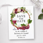Carte Postale Watercolor Grape Vines Floral Wreath Save the Date<br><div class="desc">Modern Elegant Watercolor Grapes and Vines Wood Wreath Save The Date Wedding Announcement Postcard includes burgundy roses,  pink roses,  red roses and botanical greenery.</div>
