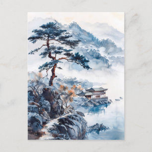 Carte Postale Watercolor ink of chinese landscape on a lake