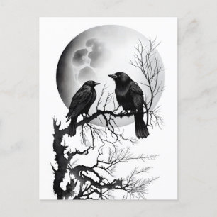 Carte Postale Watercolor ink of Odins raven sitting on twigs