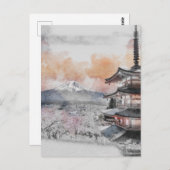 Carte Postale Watercolor Japanese Pagoda & Mt. Fuji (Devant / Derrière)