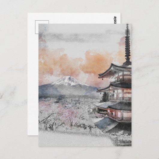 Carte Postale Watercolor Japanese Pagoda & Mt. Fuji (Devant / Derrière)
