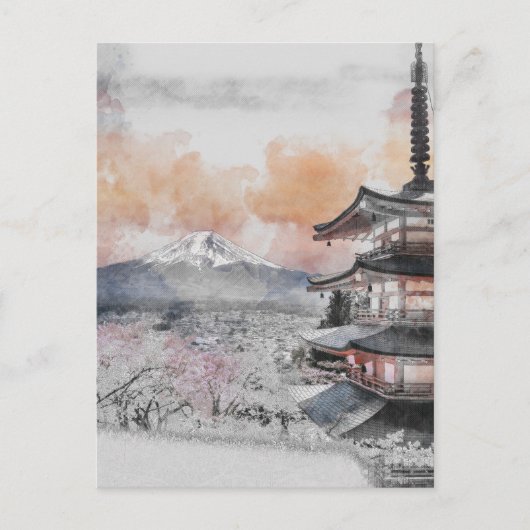 Carte Postale Watercolor Japanese Pagoda & Mt. Fuji (Devant)