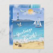 Carte Postale Watercolor Ocean Front Scene Lighthouse Seaguls (Devant / Derrière)