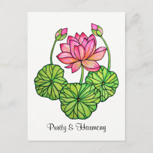 Carte Postale Watercolor Pink Lotus with Buds & Leaves