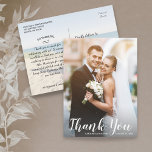 Carte Postale Wedding Thank You 2 Photos Fun Modern Casual<br><div class="desc">Send your wedding thank yous with this beautiful heartfelt postcard. Just upload your wedding photo to the front and add your names and wedding date. The Backside features your custom thank you note and another background photo faded by a white overlay. (or delete photo). Modern and stylish yet casual and...</div>