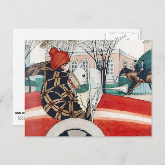 Carte Postale Wegener - Fille et Carlin dans une automobile (Devant / Derrière)