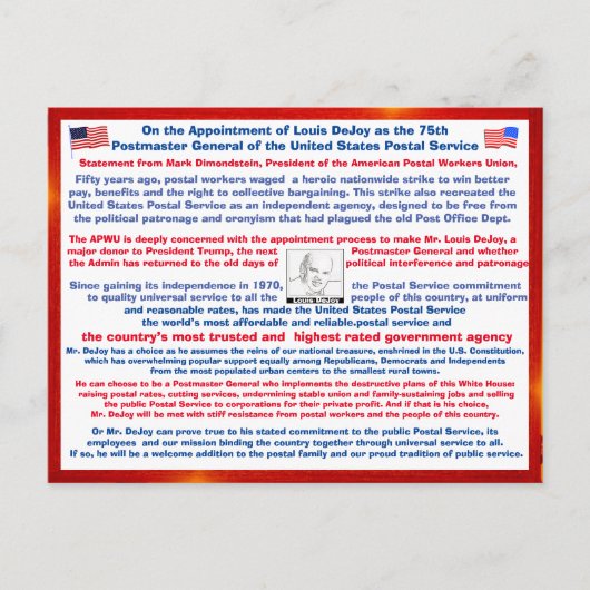 Carte Postale Welcome Louis DeJoy to the USPS. (Devant)