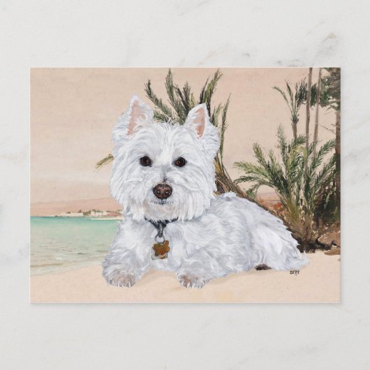 Carte Postale Westie à la plage (Devant)