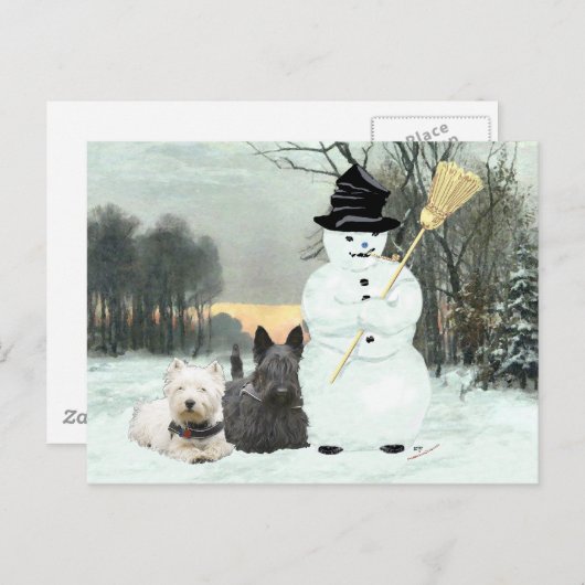 Carte Postale Westie & Scottie Construire un Snowman (Devant / Derrière)