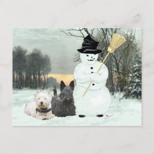Carte Postale Westie & Scottie construisent un bonhomme de neige