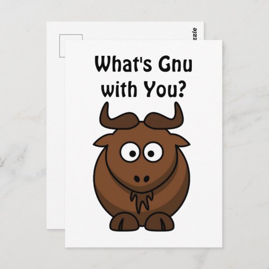 Carte Postale What’s Gnu, Funny Buffalo Cartoon Animal Pun (Devant / Derrière)