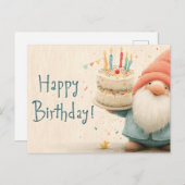 Carte Postale Whimsical Birthday Greeting: Gnome Holding a Cake (Devant / Derrière)