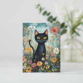 Carte Postale Whimsical Black Cat avec illustration Fleur sauvag (Debout devant)