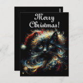 Carte Postale Whimsical Black Cat Père Noël Casquette de Noël sa (Devant / Derrière)