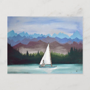 Carte Postale Whimsical Bunny Boat Mountains Woodland Artwork