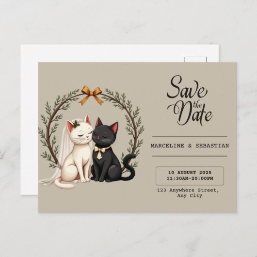 Carte Postale Whimsical Cat Wedding Save the Date (Devant / Derrière)