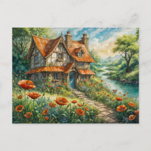 Carte Postale Whimsical cottage with Poppy Flowers