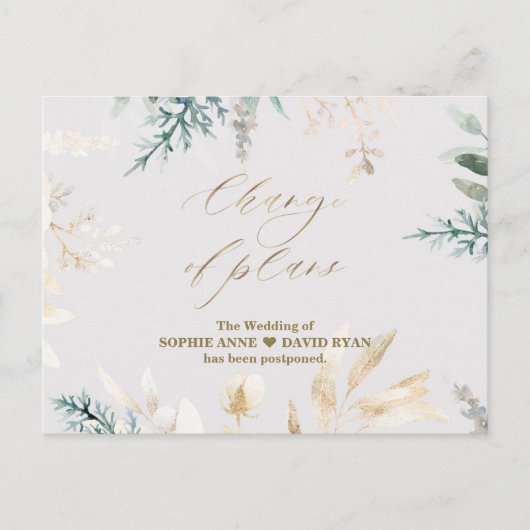Carte Postale Whimsical Green Gold Changement de plans Mariage (Devant)