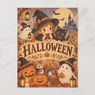 Carte Postale Whimsical Halloween Witch & Friends Post Card