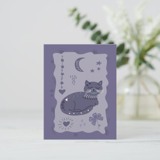 Carte Postale Whimsical Night Cat Folk Art Postcard (Debout devant)