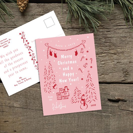 Carte postale Whimsical Red & Pink Christmas Scene