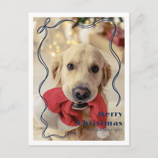 Carte Postale Whimsical Red Ribbon Pet Photo Joyeux Noël (Devant)