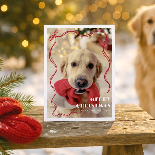 Carte Postale Whimsical Red Ribbon Pet Photo Joyeux Noël