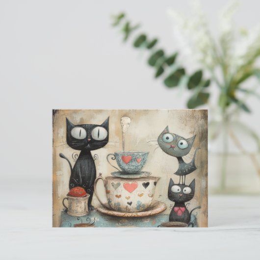 Carte Postale Whimsy Kitty Tea Time (Debout devant)