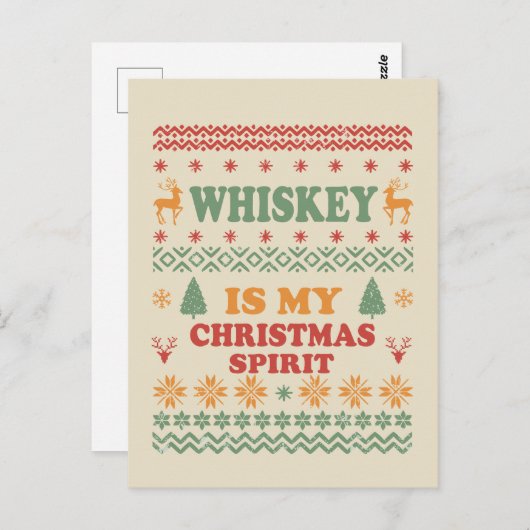 Carte Postale Whiskey est mon esprit de noël drôle pull moche (Devant / Derrière)