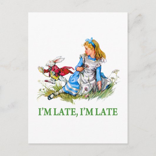 Carte Postale White Rabbit Rushes par Alice, "Je suis en retard, (Devant)