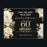 Carte postale "White Roses 60th Birthday Save the<br><div class="desc">Fleurs roses blanches aquarelle pour une fête d'anniversaire de 60 ans. Design floral élégant pour une célébration d'anniversaire de n'importe quelle année. Facile à personnaliser avec un modèle. Magnifique modèle de design pour invitation d'anniversaire "save the date". Design floral aquarelle simple chic moderne élégant tendance</div>