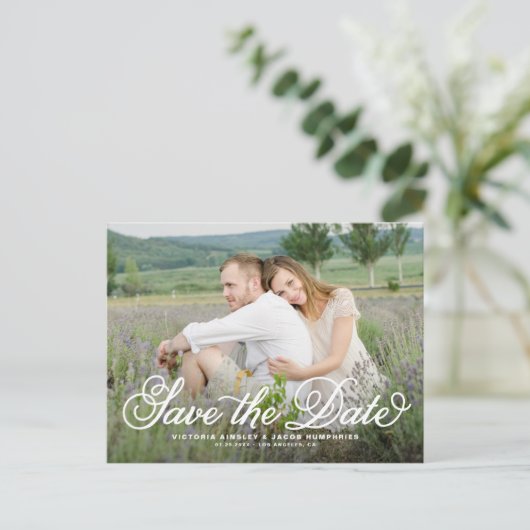 Carte Postale White Rustic Whimsical Script Photo Enregistrer la (Debout devant)