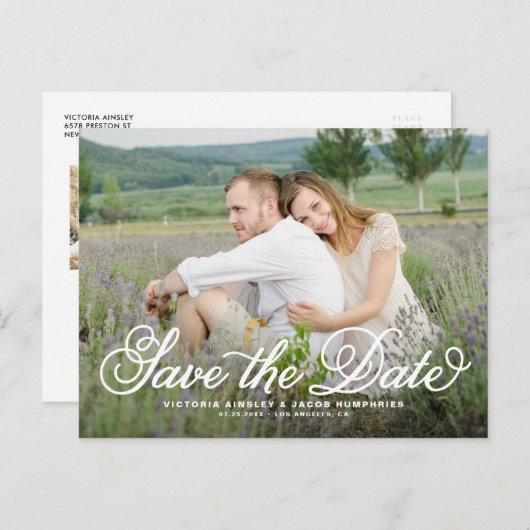 Carte Postale White Rustic Whimsical Script Photo Enregistrer la (Devant / Derrière)