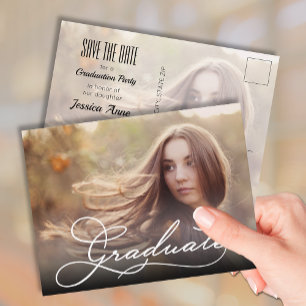 Carte Postale White Script GRADUATE Photo Save the Date
