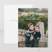 Carte postale White Simple Script Be Merry Photo (Devant / Derrière)