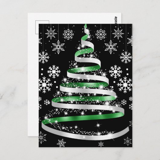 Carte Postale White Snowflake Silver Green Ribbon Christmas Tree (Devant / Derrière)