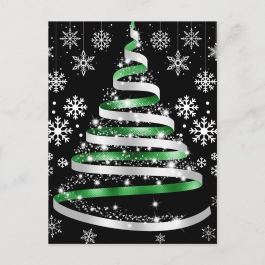 Carte Postale White Snowflake Silver Green Ribbon Christmas Tree (Devant)