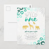 Carte Postale Wild One Safari Blue et Gold Leopard 1er anniversa (Devant / Derrière)