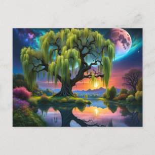 Carte Postale Willow tree under Pleine lune N Starry ciel Sunset