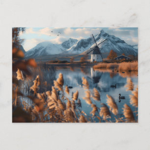 Carte Postale Windmill sur un lac avec paysage de montagnes