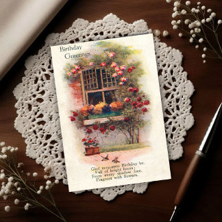 Carte Postale Window Roses Vintage 1920 Birthday Greetings