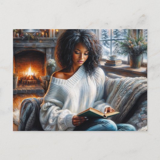 Carte Postale Winter Reading Black Woman Cozy Art (Devant)