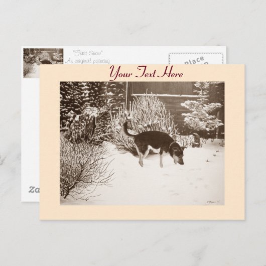 Carte Postale Winter snow scene with cute black and tan dog (Devant / Derrière)