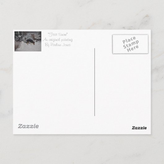 Carte Postale Winter snow scene with cute black and tan dog (Dos)